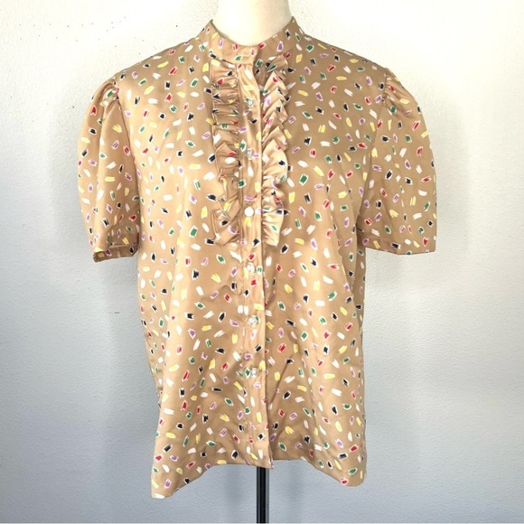 Vintage Tops - VINTAGE 1980s Lucky Me Ruffle Front Button Down Blouse Polyester Size 38